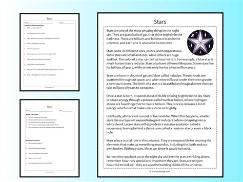 Stars Reading Comprehension Passage Printable Worksheet Teaching