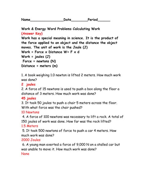 Calculating Work Worksheet Answer Key Worksheets Library