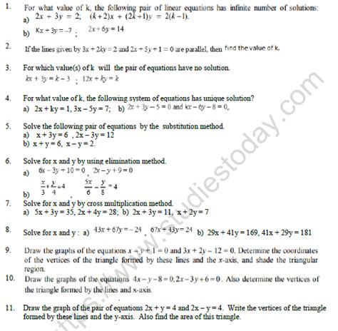 Cbse Class 10 Mathematics Pair Of Linear Equation In Two Variables Worksheet Set D