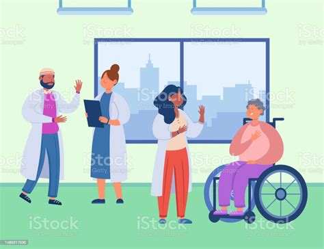 Arabic And Caucasian Doctor Couple In Clinic Vector Illustration Stock