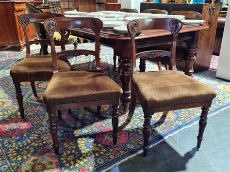 Set Of William Iv Dining Chairs With Velvet Upholstery Seating