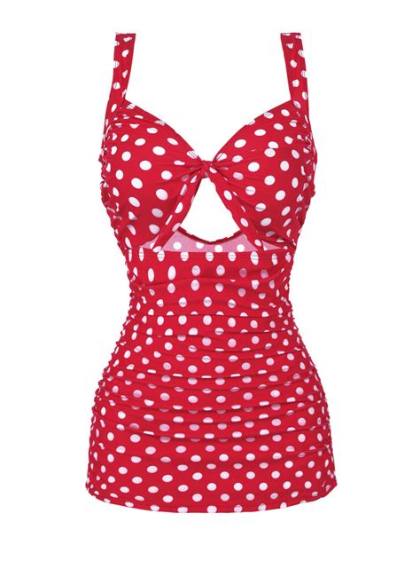 Red 1940s Polka Dot Strap One-Piece Swimsuit – Retro Stage - Chic ...