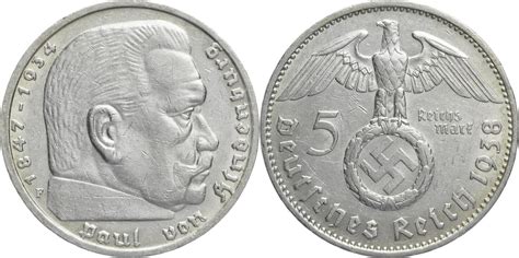 Drittes Reich 5 Reichsmark 1938 F Hindenburg Kursmünze 1936 1939 ss