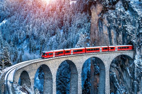 Plakat Aerial View Of Train Passing Through Famous Mountain In Filisur