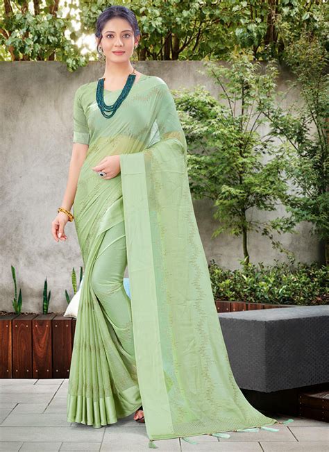 Buy Pista Green Satin Patta Festival Wear Swarovski Work Saree Online