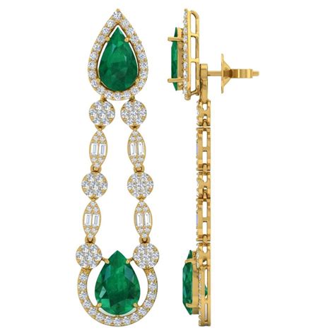 Pear Natural Emerald Dangle Earrings Diamond Pave Solid 18k Yellow Gold Jewelry For Sale At 1stdibs