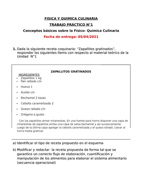 Trabajo Práctico N 1 Culinaria FISICA Y QUIMICA CULINARIA TRABAJO