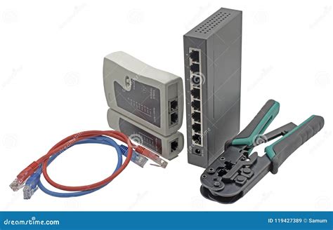 Network Switch, Ethernet Cable, Crimper and RJ45 Cable Tester Stock ...