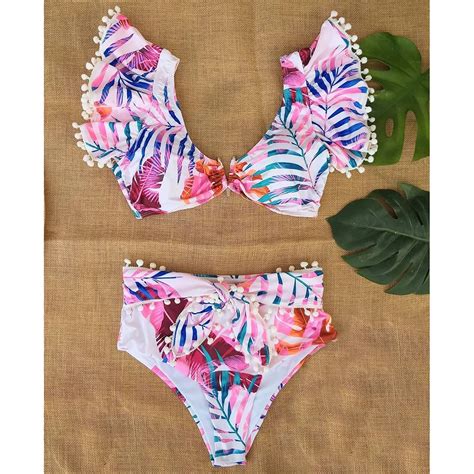 Bikini De Cintura Alta Con Volantes Para Mujer Traje De Ba O Con