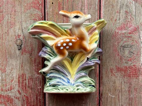 S Ceramic Deer Fawn Wall Vase Bambi Kitsch Made In Etsy