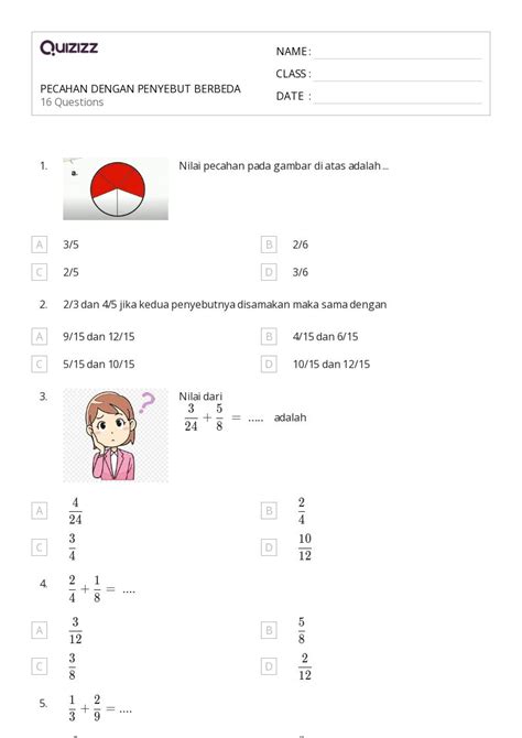 50+ lembar kerja Menjumlahkan Pecahan dengan Penyebut Berbeda untuk Kelas 5 di Quizizz | Gratis ...