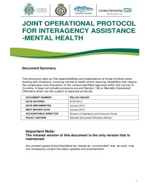 Fillable Online Cumbriapartnership Nhs Joint Operational Protocol For