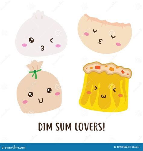 Various Chinese Cute Happy Dim Sum Vector Design Stock Illustration