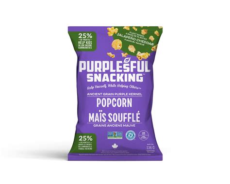 Plant based Jalapeño Cheddar Purplesful Popcorn Canadian Grocer