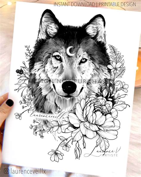 Instant Download Tattoo Design Wolf Wildflowers and Leaves Tattoo ...