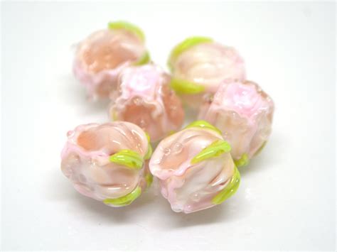 Pink Powder Rosebud Beads Blush Pink Floral Lampwork Diy Etsy