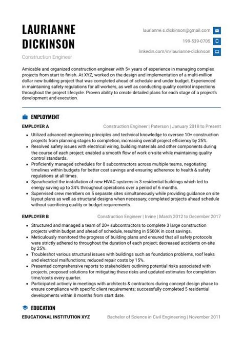 Construction Engineer Resume (CV) Example and Writing Guide