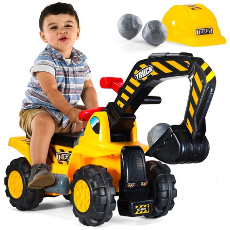 Play22USA Kids Rideable Tractor Toy with Digger Arm, Helmet, Rocks, and ...