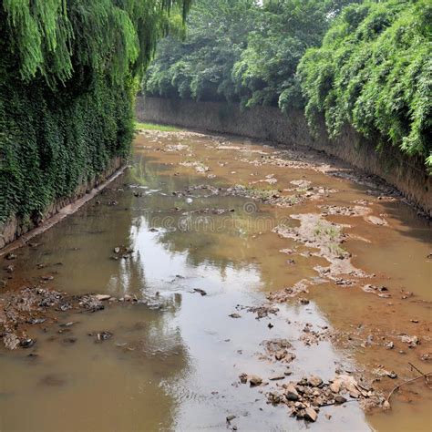 A Polluted River In The City The Toxic Water Flowing Out Of The Stock