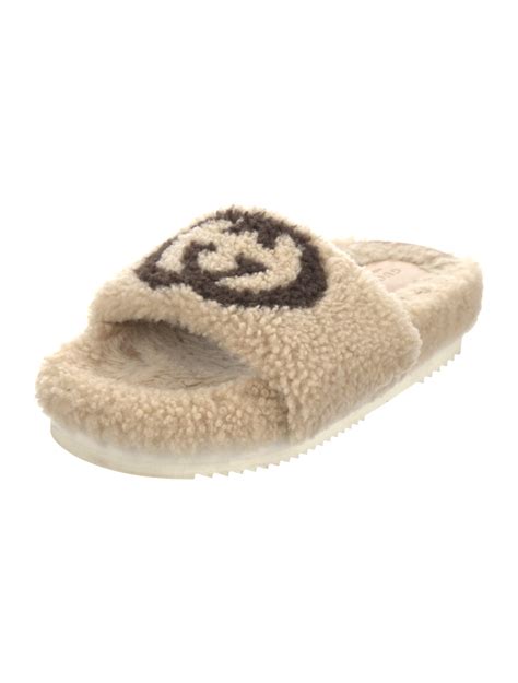 Gucci Interlocking G Logo Shearling Slides Neutrals Sandals Shoes