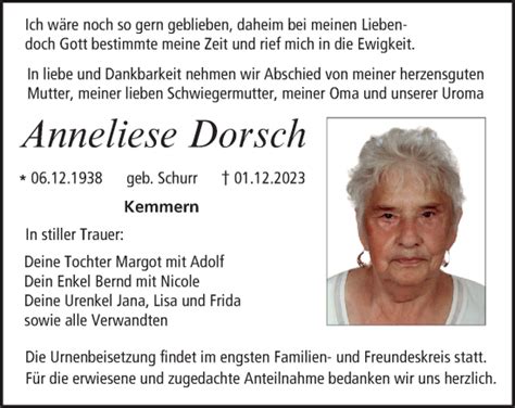 Anneliese Dorsch Traueranzeige Trauer InFranken De