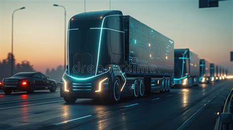 Futuristic Fleet Of Electric Driverless Trucks For Autonomous Delivery