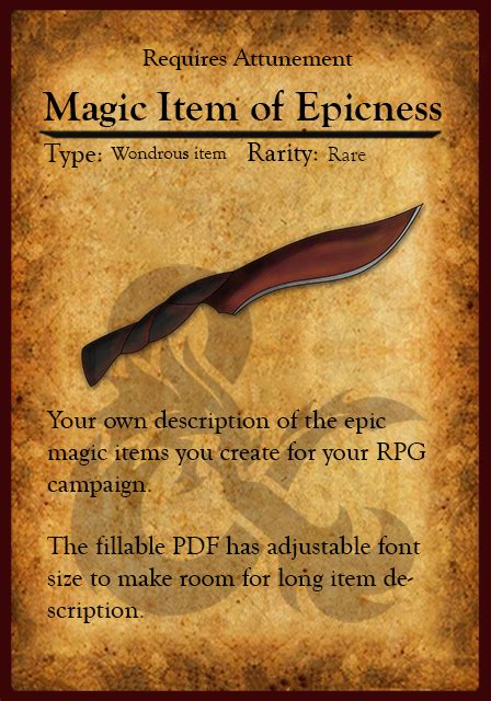 D D Item Cards With Image Fillable Pdf For Magic Items Dungeon