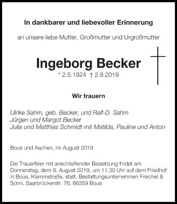 Traueranzeigen Von Ingeborg Becker Saarbruecker Zeitung Trauer De