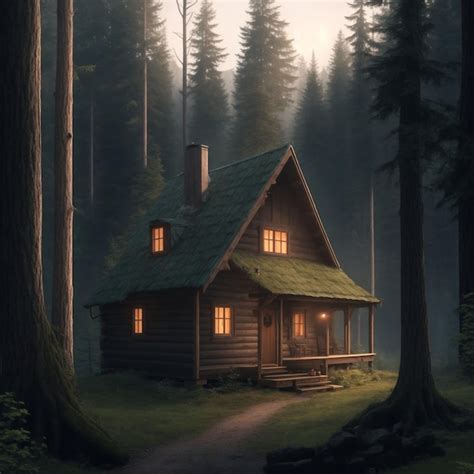 Premium AI Image | a green wooden cottage in the forest at night