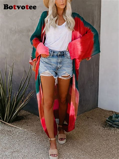 Botvotee Tie Dye Striped Beach Cover Up For Women New Fashion Loose Bikini Cover Up