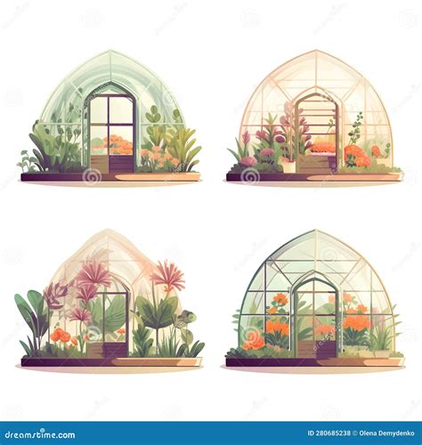 Set Of Different Greenhouses With Plants Inside Hand Drawn Watercolor