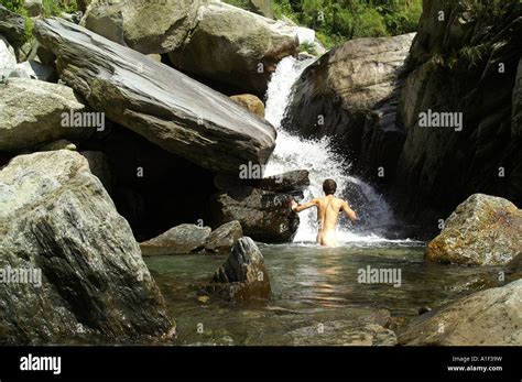 Bare Butt And Water Stream Pool Of Himalaya River Man Bathing Naked Stock Photo Alamy