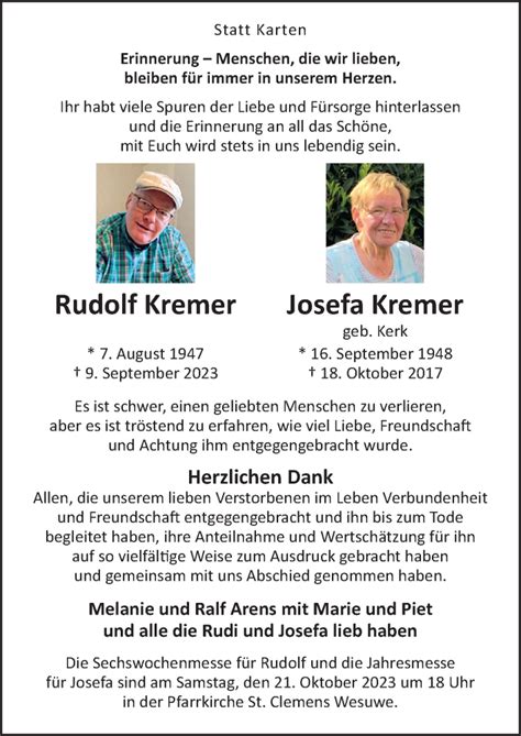 Traueranzeigen Von Rudolf Und Josefa Kremer Noz Trauerportal