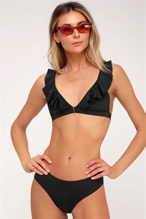 Black Bikini Top Ruffled Triangle Bikini Top