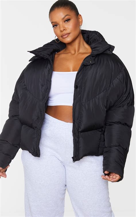 Plus Black Nylon Oversized Panel Puffer Jacket Prettylittlething Usa