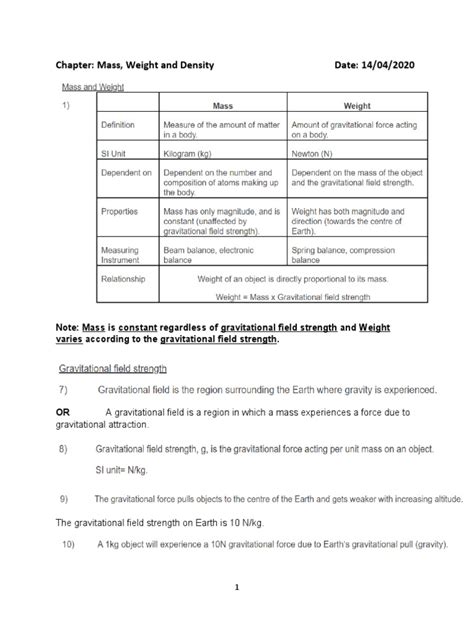 O Level Notes On Mass Weight And Density Pdf Weighing Scale Density