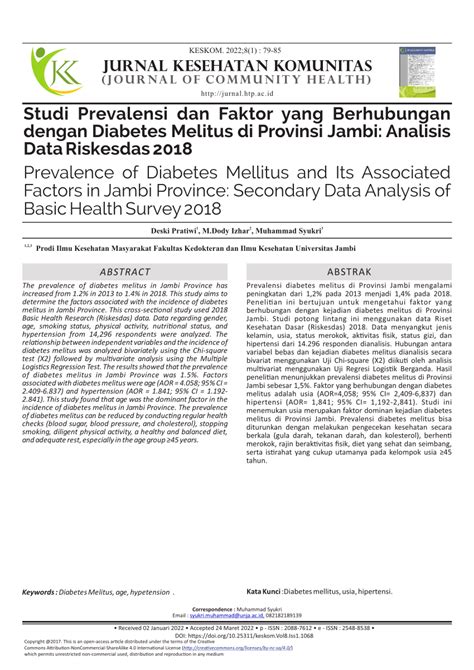 PDF Studi Prevalensi Dan Faktor Yang Berhubungan Dengan Diabetes