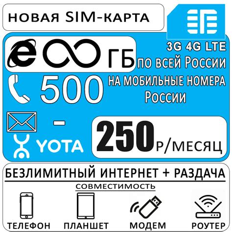 SIM-карта Yota с безлимитным интернетом и раздачей, 500минут на ...
