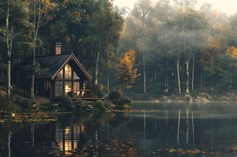 Premium Photo Charming Lakeside Cabin Surrounded By Trees