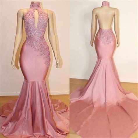 Black Girls Pink Prom Dresses 2019 Mermaid Lace Appliqued Beads