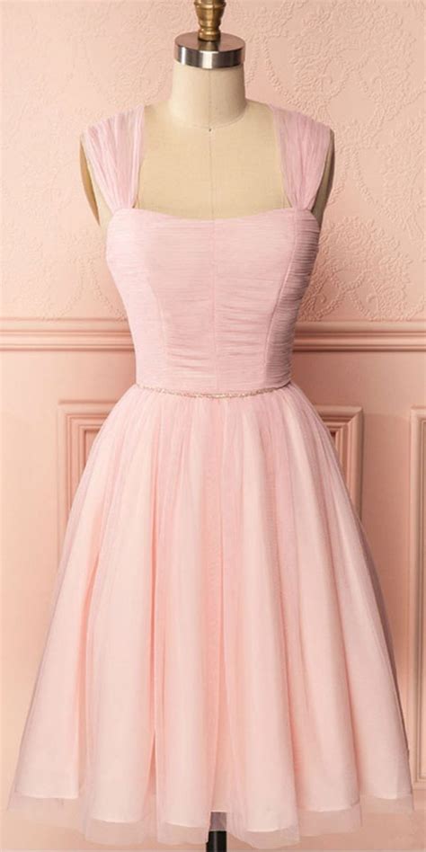 A Line Pink Tulle Straps Pleats Beading Homecoming Dress Short Prom