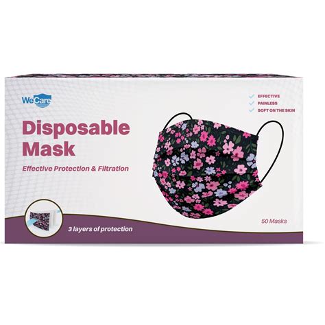 Disposable Face Masks 3 Ply Individually Wrapped 50ct Flowers