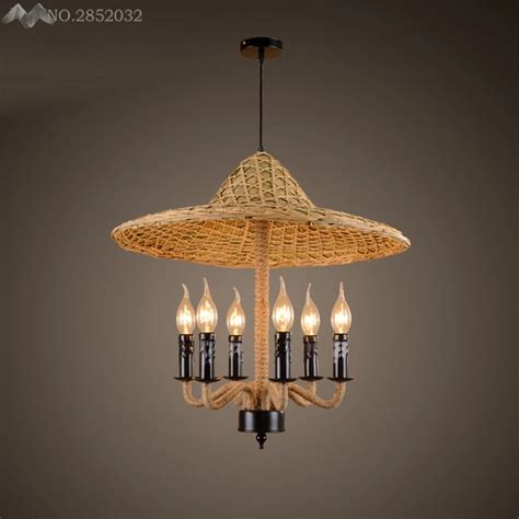 Southeast Asia Hand Made Bamboo Hat Pendant Lamps Hemp Rope Pendant