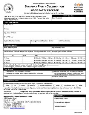 Fillable Online Origin Sl Michigan OAC Lodge Birthday Party Form