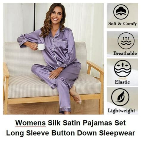 Women Silk Satin Pajamas Set Long Sleeve Button Down Pajama Set 2 Piece