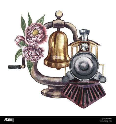 Vintage Steam Locomotive And Locomotive Bell Decorated With Flowers