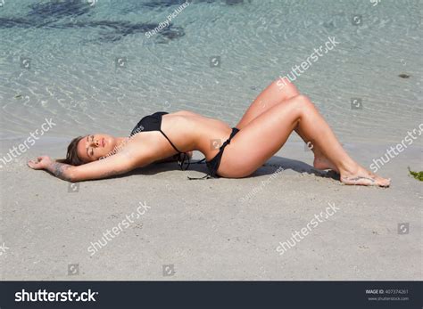 Sensual Woman Bikini Lying On Sand Stock Photo Shutterstock