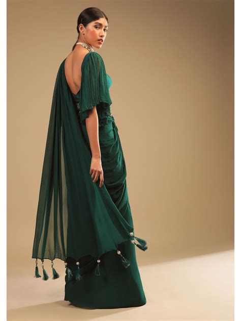 Kalki Emerald Green Ready Pleated Saree In Georgette With Bell Sleeves