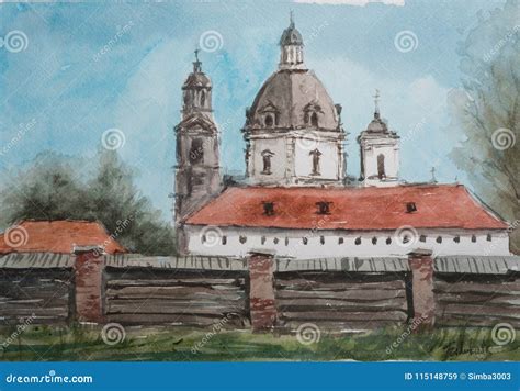 Watercolor Drawing With A View Of The Monastery Stock Illustration