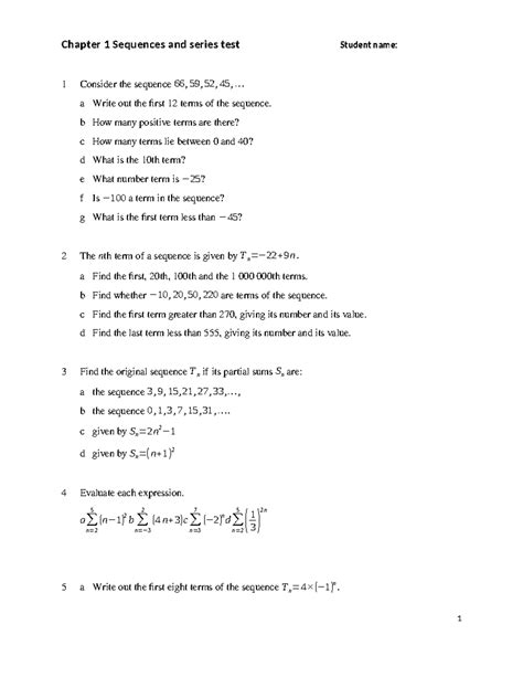 Chapter 1 test Series - Chapter 1 Sequences and series test Student